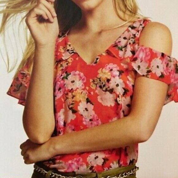 Cabi Floral Print Orange Lush Cold Shoulder Top Ruffled Size S Lined Pullover - Picture 1 of 8